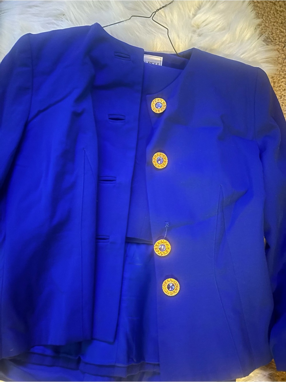 Royal Blue Women's Blazer with Gold Accent Buttons and skirt